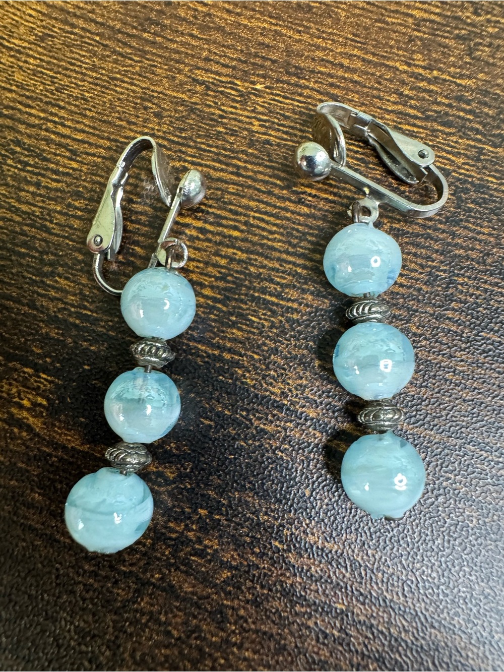 Vintage Sky Blue Glass Beaded Clip-On Earrings